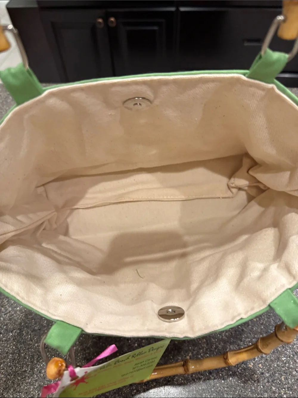 Striped Pink and Green Ribbon Clutch Bag with Bamboo Handles